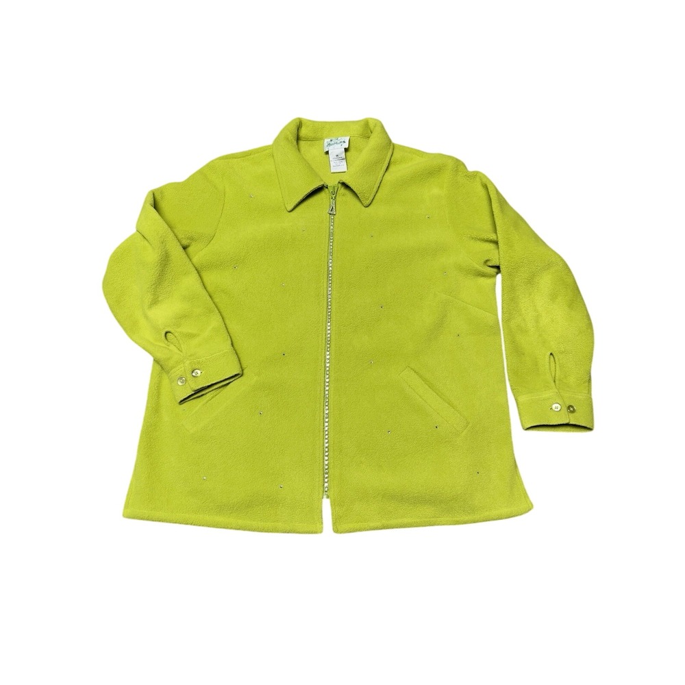 Quacker Factory Women's 1X Lime Green Rhinestone Fleece Jacket Full Zip Pockets